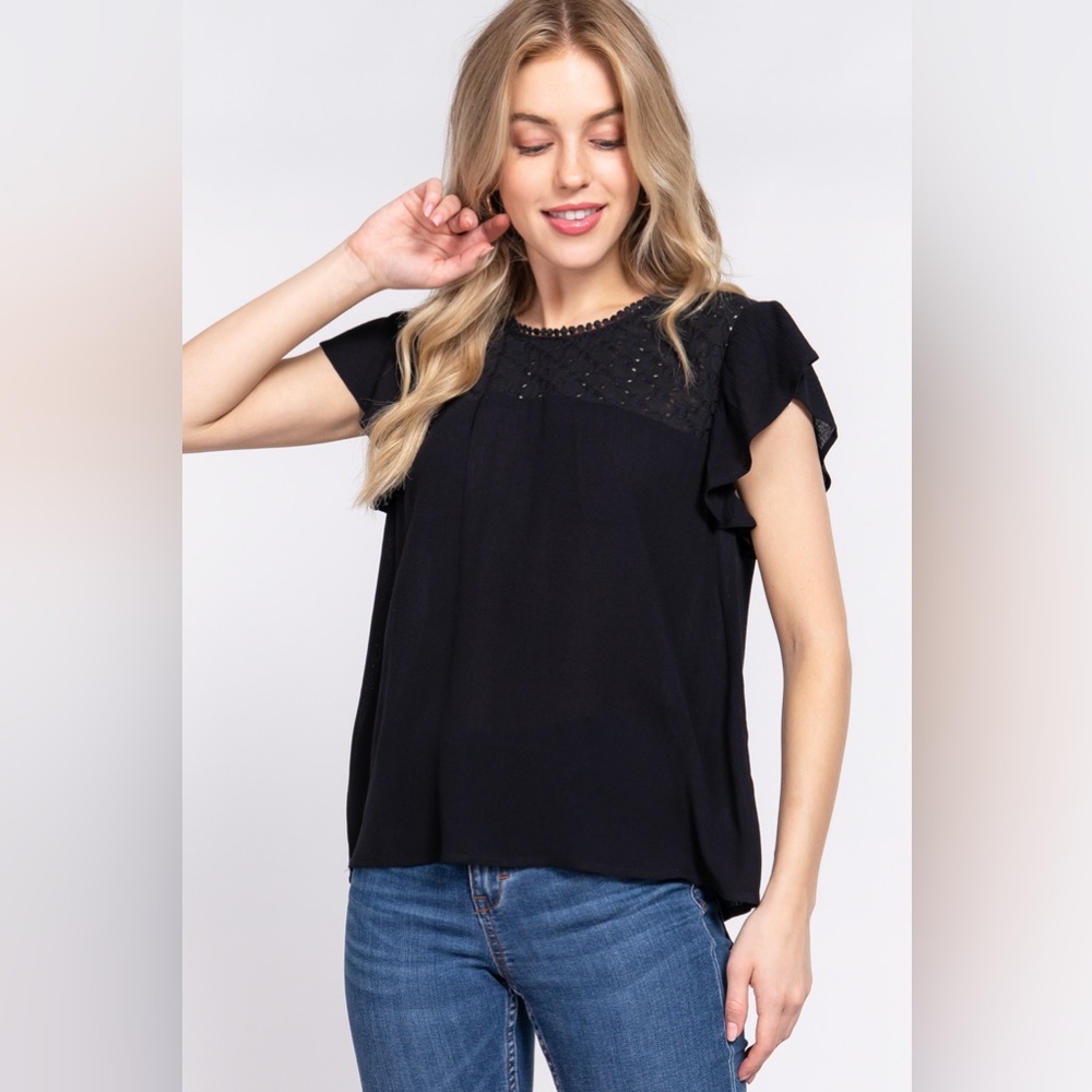 ACTIVE BASIC Ruffle Short Sleeve Crochet Blouse N… - image 1